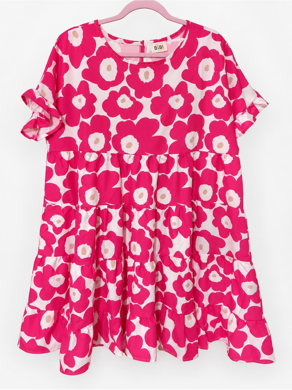 BiBi Pink White Floral Tiered Ruffle Sleeve Babydoll Dress